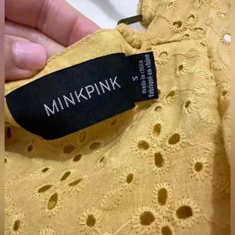 MINKPINK size small yellow embroidered floral jumpsuit with ruffles and pockets - Picture 8 of 9